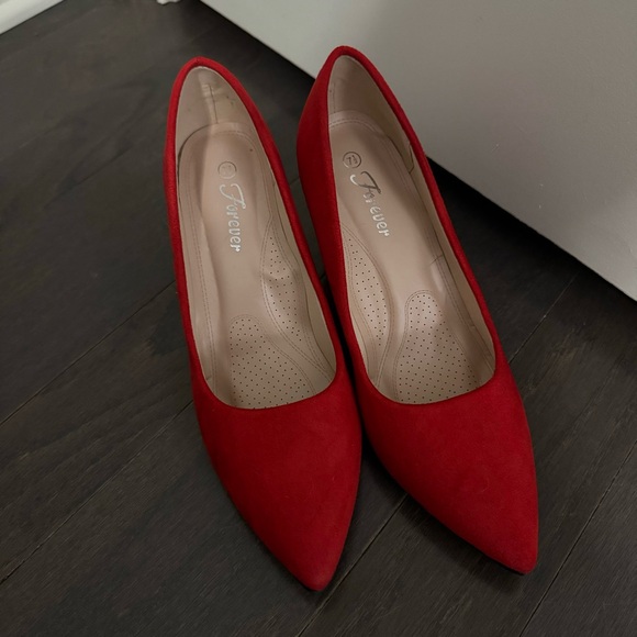 Classic Block High Heel Slip On Pointed Toe Pumps Red Suede - Picture 5 of 5